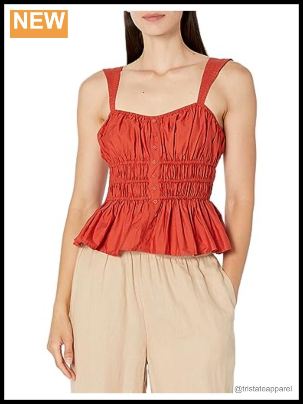 Women's Sleeveless Shirred Ruffle Blouse Cotton Stretch Top